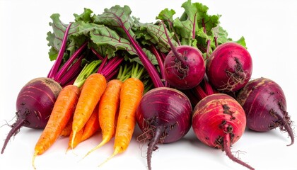 Vibrant Raw Beetroot and Carrots Grouped Together on a White Background for Fresh Healthy Cooking