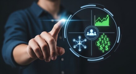Businessman's Finger Interacting with Futuristic Digital Dashboard Displaying Growth and Finance Metrics