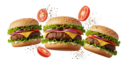 Delicious gourmet burgers with fresh lettuce, ripe tomatoes, and melted cheese, perfectly crafted for your culinary advertising needs and menu designs.