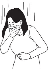 A simple hand-drawn illustration of a woman feeling nauseous or sick, covering her mouth with a tissue. This sketch is suitable for depicting symptoms of illness, food poisoning, or morning sickness. 