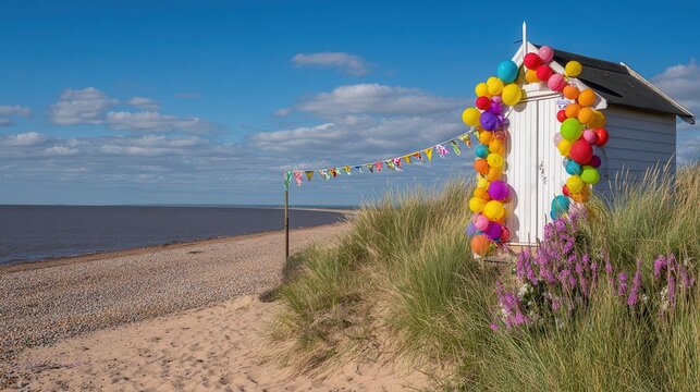 Colorful decorations adorn a beach hut on a sandy shore.