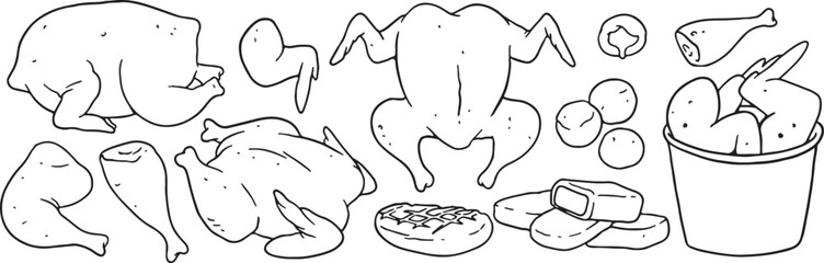 A collection of hand-drawn illustrations of various chicken parts, including whole chicken, drumsticks, wings, and nuggets. Perfect for food menus, packaging, or any poultry-related design.