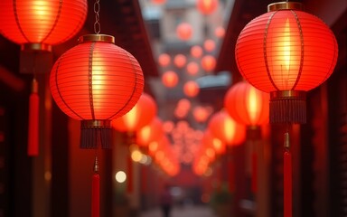Background with traditional Asian red hanging lanterns. convey the essence of a festive Asian night. High quality