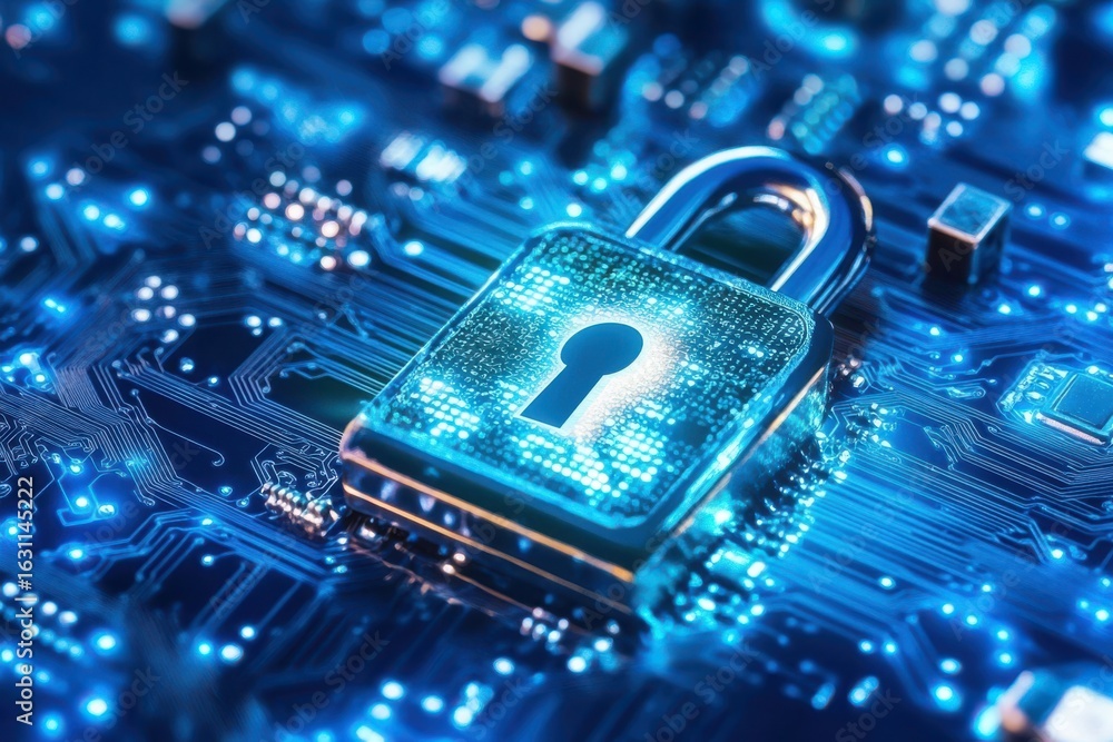 Poster digital security lock on illuminated circuit board represents cybersecurity and data protection tech