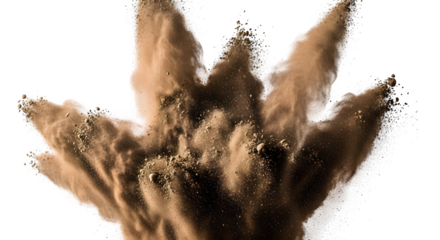 Dynamic explosion of earth particles and dust creating a dramatic textured effect with swirling motion and scattered debris