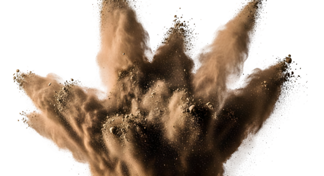 Dynamic explosion of earth particles and dust creating a dramatic textured effect with swirling motion and scattered debris