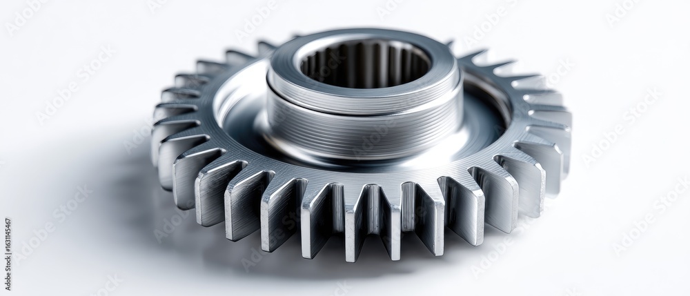 Poster a shiny metallic gear with a detailed tooth structure, showcasing precision engineering in a close-u