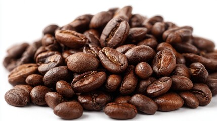 Fototapeta premium A pile of dark roasted coffee beans rests on a white background, highlighting their glossy surface and deep brown hue, perfect for brewing fresh coffee.