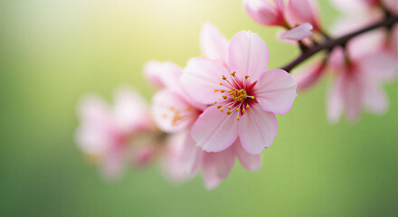 Obraz premium Close-up of blooming cherry blossom petals in spring, against a softly blurred green background. Ethereal, airbrushed aesthetics with pastel color harmony. Shot under diffused natural light, early mor