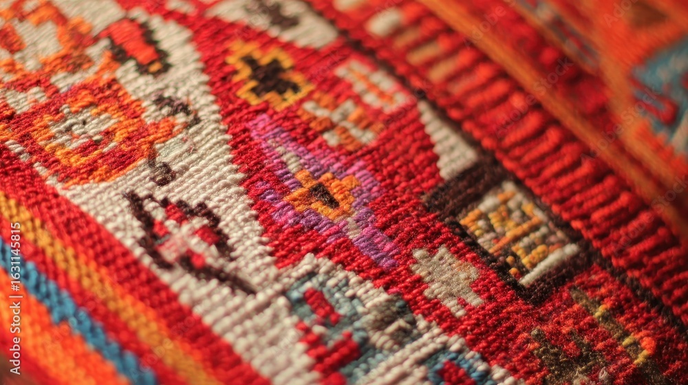 Poster close-up view of a vibrant textile with intricate patterns.