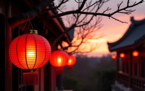 Three illuminated red lanterns hang from willow branches outside a traditional building at sunset. High quality