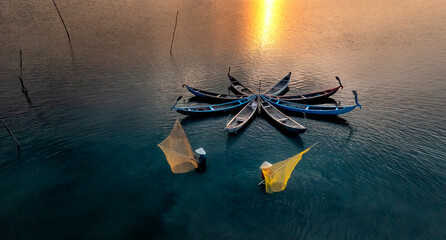 Daily life of coastal people, on O Loan lagoon with boats and nets in Phu Yen province, Vietnam