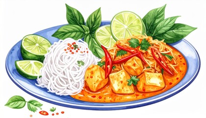 Close up of Delicious Asian Cuisine with Tofu and Herbs on Blue Plate