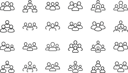 Various minimalist line art illustrations representing group of people and teamwork concepts