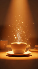 Steaming cup of coffee with magical sparkles and warm light