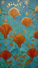Teal and orange stylized floral pattern with gold accents