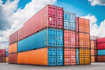 Stacked Shipping Containers with Vibrant Colors Under a Sunny Cloudy Sky Representing Global Trade