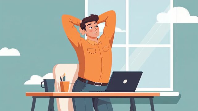 Flat vector a young man is relaxing at his desk with a laptop, enjoying a break from work in his home office, feeling satisfied and content with his career and achievements
