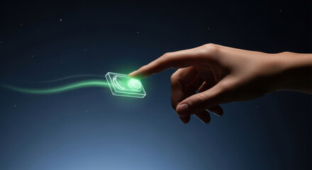 Finger touching a glowing digital interface with data stream