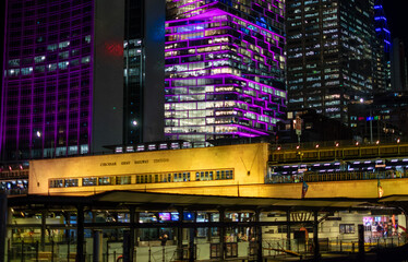 The circular quay railway station lit up during Vivid