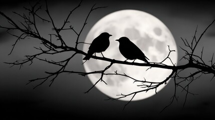 Silhouetted Birds on Branch Under Full Moon
