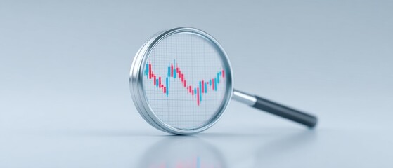 Focusing on a detailed analysis of financial market trends and data. A magnified view of an economic graph through a magnifying glass. Illustrating market analysis, investment strategy.