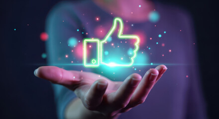 Hand holding a glowing neon thumbs up like icon with particles