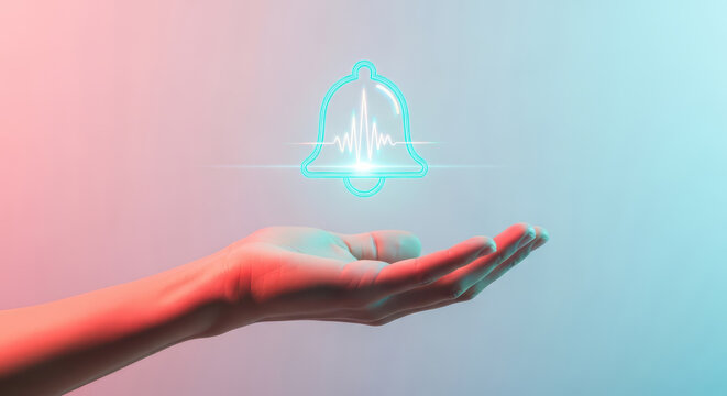 Hand holding a glowing digital notification bell icon with light effects