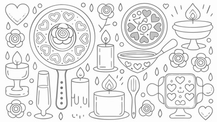 Outlined drawing with hearts, flowers, candles, and kitchenware in a decorative arrangement style silhouette