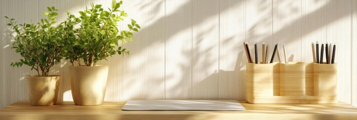plants and pencils, a simple workspace with clean aesthetic and bright light