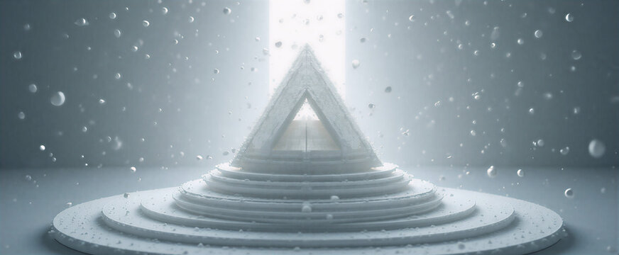 Subject & Composition: Intersecting equilateral triangles in alternating sharp angles and smooth curves, arranged in a three-tiered pyramid. Symmetrical layout with central apex, surrounded by concent