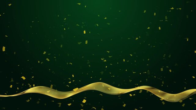 Green Celebration Background Confetti Gold Ribbon golden confetti falling gently beside wavy gold ribbon suitable for festival intros, celebration screens, digital party animations, invitation visuals