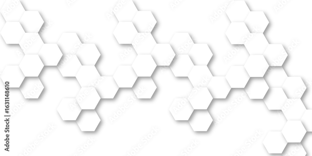 Poster seamless pattern composed of white hexagons arranged in a honeycomb structure, a subtle gray drop sh