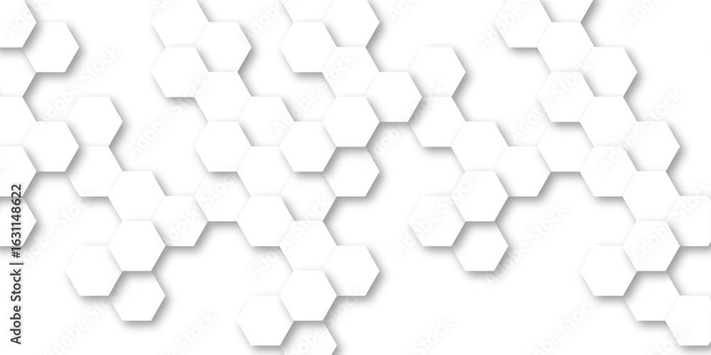 Poster seamless pattern composed of white hexagons arranged in a honeycomb structure, a subtle gray drop sh