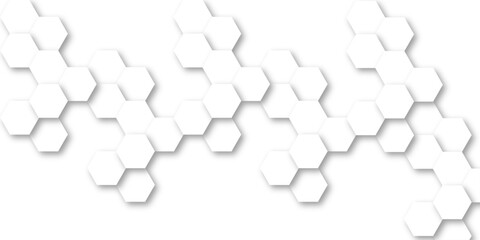 Seamless pattern composed of white hexagons arranged in a honeycomb structure, A subtle gray drop shadow behind each hexagon, Technology design element vector abstract background.