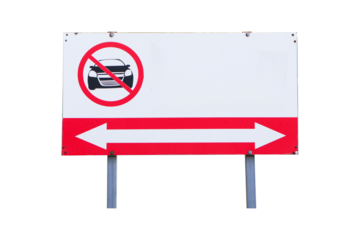 Prohibition sign park red and white plastic for car this area side street with icon and long arrow isolated on cut out PNG or transparent background. Rules for road users. Sign restricts freedom.