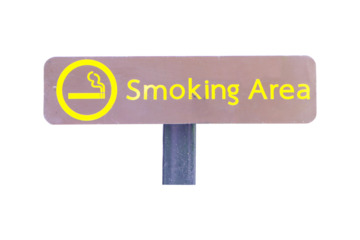 Signs smoking area wood brown with cigarette symbols and icons isolated on cut out PNG or transparent background. Smoking area zone. Smoke in designated smoking area. Smoking area sign at public park.