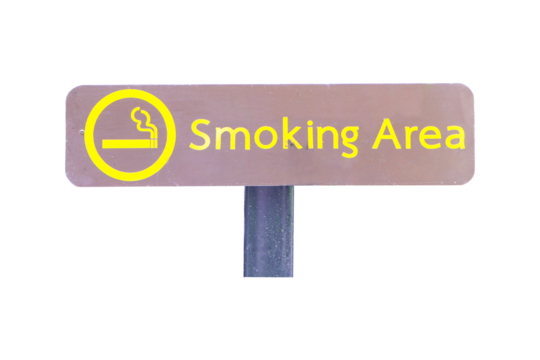 Signs smoking area wood brown with cigarette symbols and icons isolated on cut out PNG or transparent background. Smoking area zone. Smoke in designated smoking area. Smoking area sign at public park.
