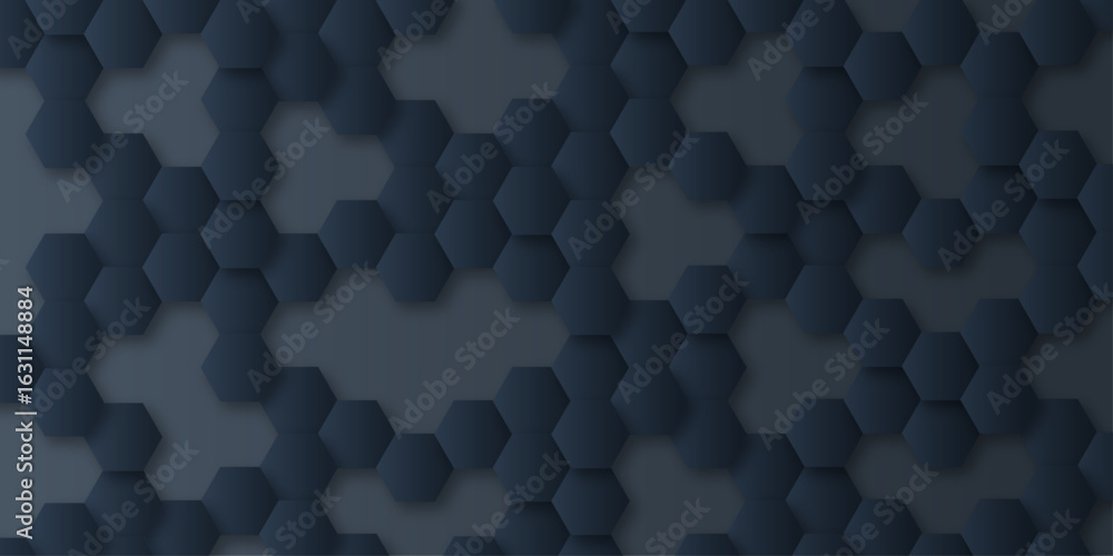 Poster dark blue and gray hexagons are rendered in various shades, the gradient background enhances the dep