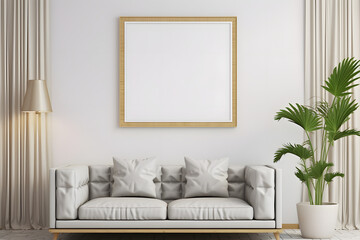 A minimalist living room interior with two white armchairs. a round coffee table. a tall plant. and a large empty picture frame on the wall