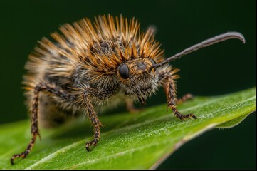 Close up of a spiky insect with textured exoskeleton perched on a vibrant green leaf against a blurred dark background