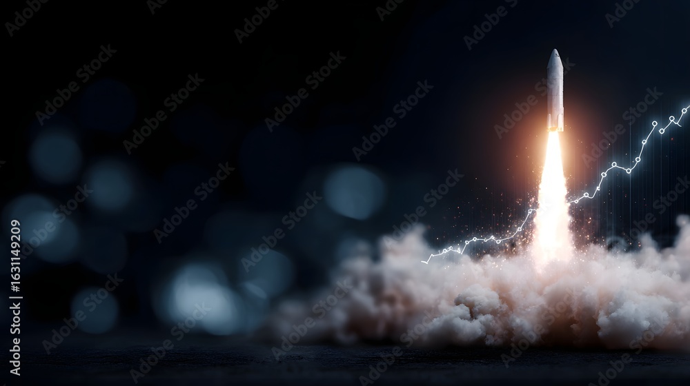Poster rocket launch with a business growth graph overlay and sharp lighting effects