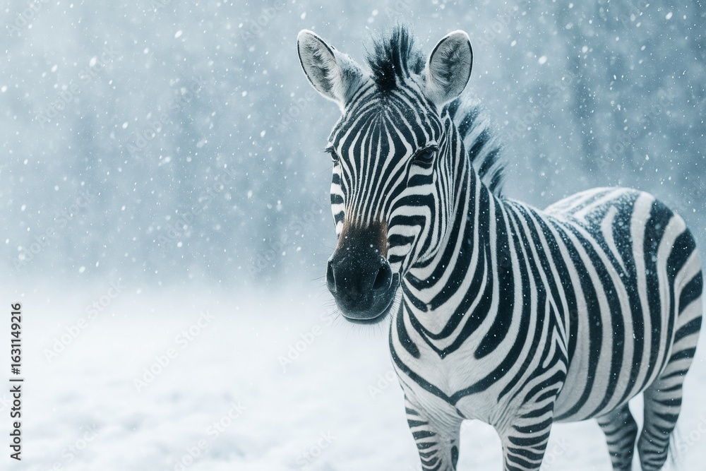 Poster close-up of zebra standing in falling snow with soft light and abstract winter background in cold na