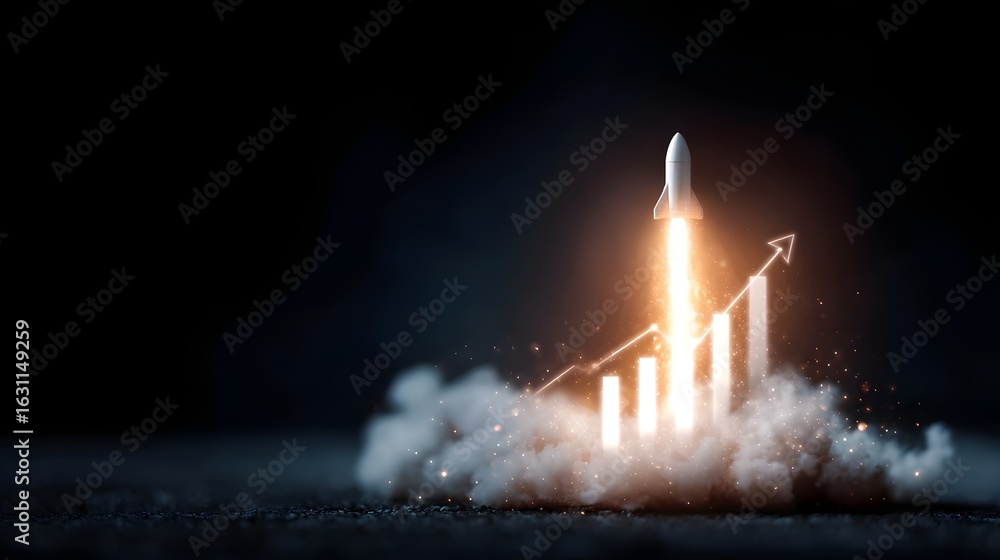 Poster rocket launch with business growth graph overlay and sharp focus