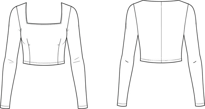 CAD drawing flat vector illustration, long sleeve crop top, technical fashion sketch, front and back view, apparel design template, clothing mockup