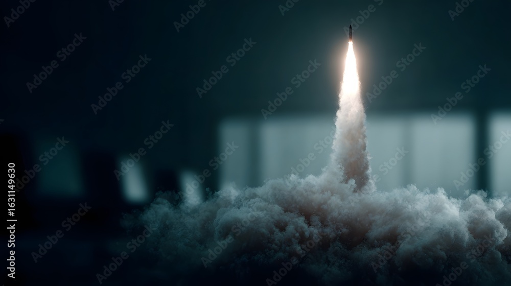 Poster powerful rocket launch during a high stakes startup pitch presentation in a boardroom setting