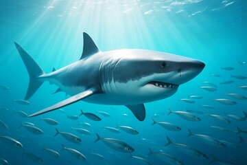 Fototapeta premium Realistic great white shark swimming in ocean surrounded by small fish, with light rays shining through clear blue water background. Ai generative. Ai generative