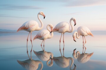 Obraz premium Graceful flamingos reflected in calm shallow water during soft pastel sunrise light on a tranquil minimalist background. Ai generative. Ai generative