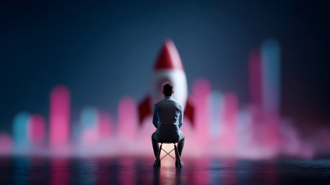 Investor observing an animated rocket startup presentation with financial growth lighting