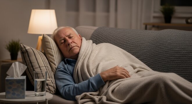 Elderly Man Resting with Blanket Representing Fever and Chills Symptom of Respiratory Illness